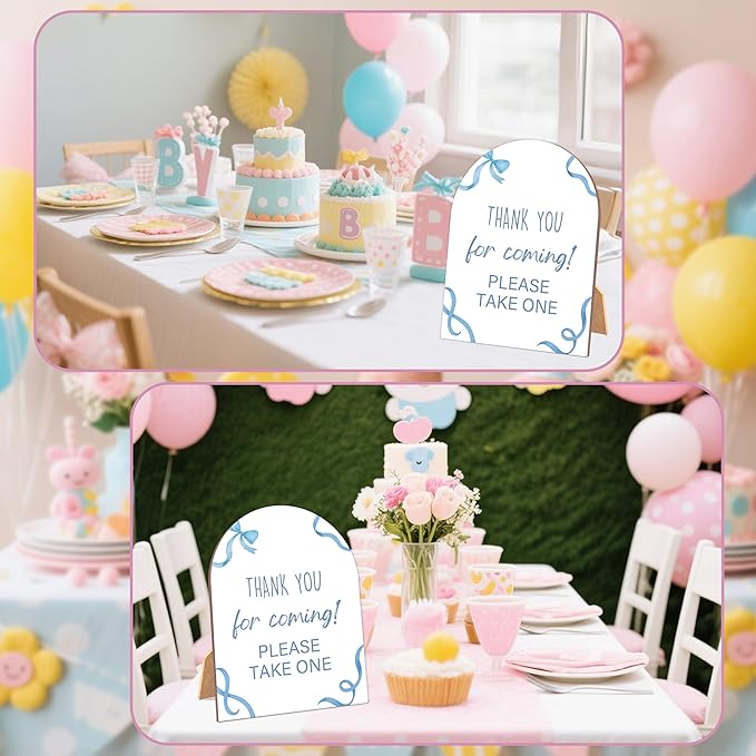 Blue Bow Thank You For Coming Sign for Baby Shower, 6x8 Inch Arch Wooden Sign with Stand, Blue Baby Shower Table Sign, Gender Neutral Party Decoration - QW13