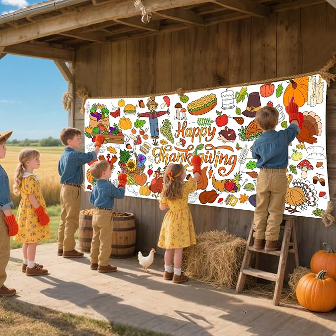 Thanksgiving Giant Coloring Poster,33.8 x 72 Inches Fall Jumbo Paper Tablecloth DIY Art Crafts Mat Turkey Pumpkin Poster Parties for Parent-Child Interaction Autumn Themed Wall Home Classroom Suppiles