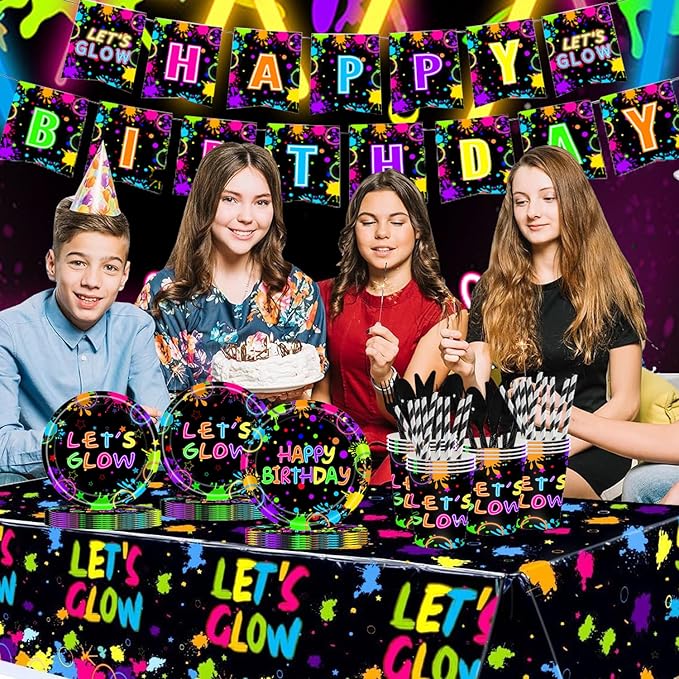 194 Pcs Neon Glow in the Dark Party Supplies Decorations Serve 24, Includes Plates, Napkins, Tablecloth, Banner, Ideal for Neon Themed Birthday Party