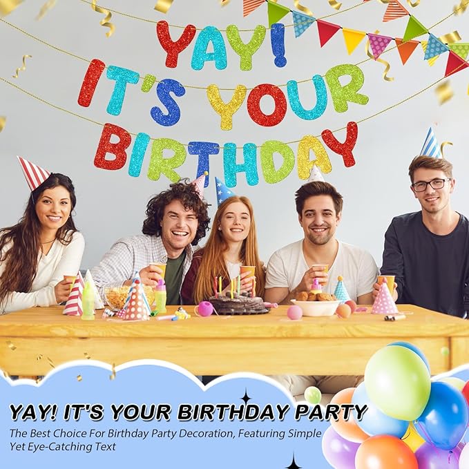 Fulmoon Pre Strung Yay It's Your Birthday Banner Glitter Happy Teen Boys Teen Girls Adult Banner Glitter Funny Birthday Party Decorations(Colorful)