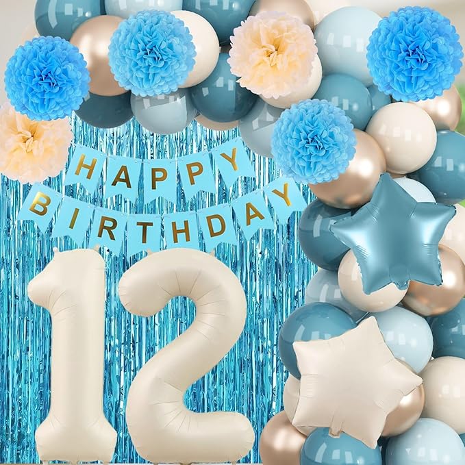 Dusty Blue 12th Birthday Party Decorations Boys Girls Beige Cream Number 12 Balloon with Blue Gold Happy Birthday Banner Fringe Curtain Paper Pom Poms Nude White Sand Champagne Star Foil Balloons