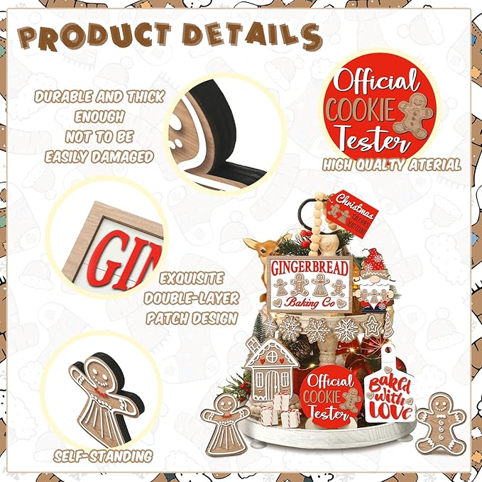 15 Pcs Christmas Tiered Tray Decor Christmas Gingerbread Wooden Signs Farmhouse Xmas Tiered Tray Decorations Set Gingerbread Wood Table Decor for Xmas Winter Holiday Kitchen Home