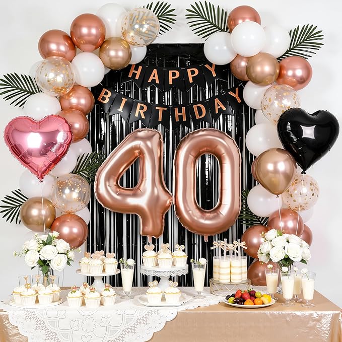 40th Birthday Decorations for Women - Rose Gold, Black and Hot Pink Party Supplies Set with Happy 40th Banner, Number 40 Balloons and Foil Fringe Curtains - 40 Year Old Celebration Kit