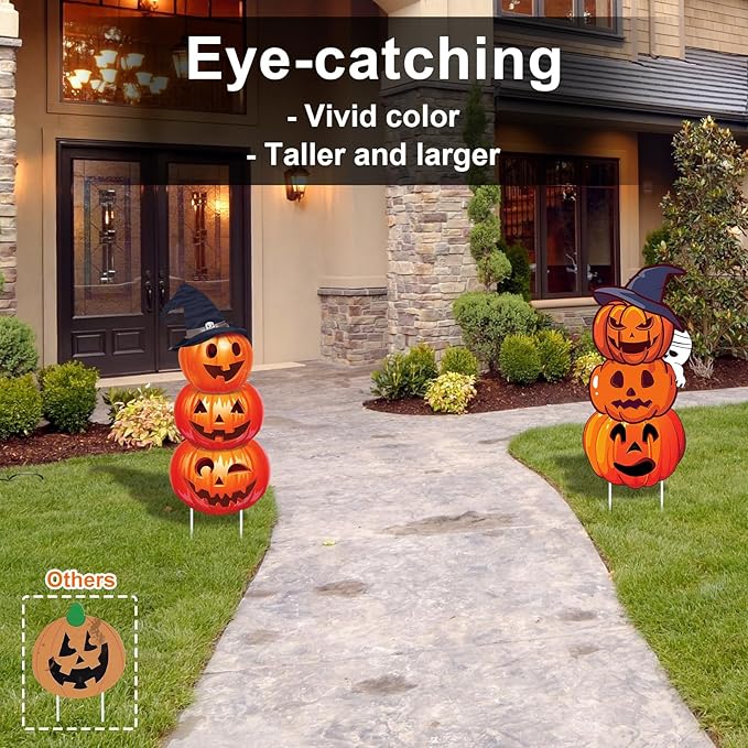GameXcel 34" Tall Extra Large 3-Tiered Pumpkin Ghost Yard Signs for Outdoor Decorations, 2Pcs Vertical
