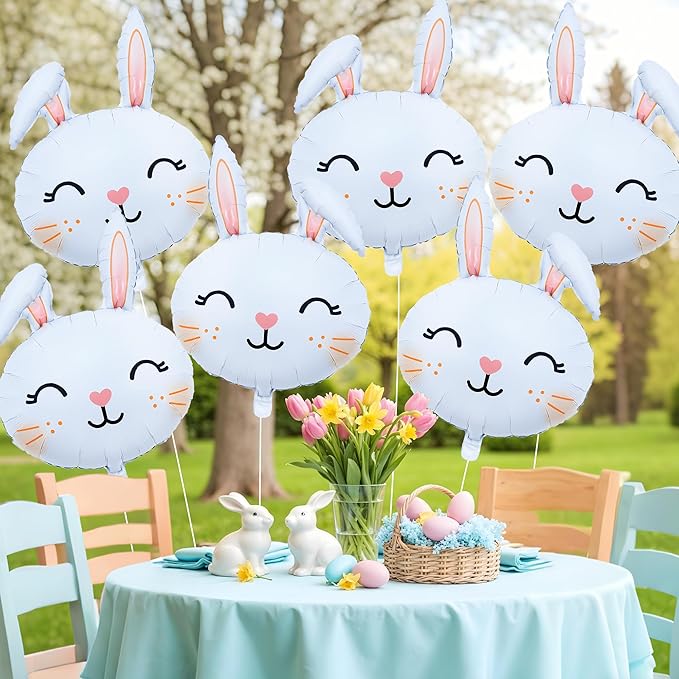 6PCS Large Easter Bunny Head Foil Balloons Cute Rabbit Face Mylar Balloons for Easter Party, Baby Shower, Birthday & Spring Celebration Decorations