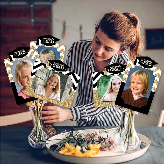 Graduation Photo Display Centerpiece Kit - 15 Double-Sided Photo Table Topper Sticks, Vertical and Horizontal 4x6 Picture Holders, DIY Party Decoration Set - Tassel Worth The Hassle- Gold