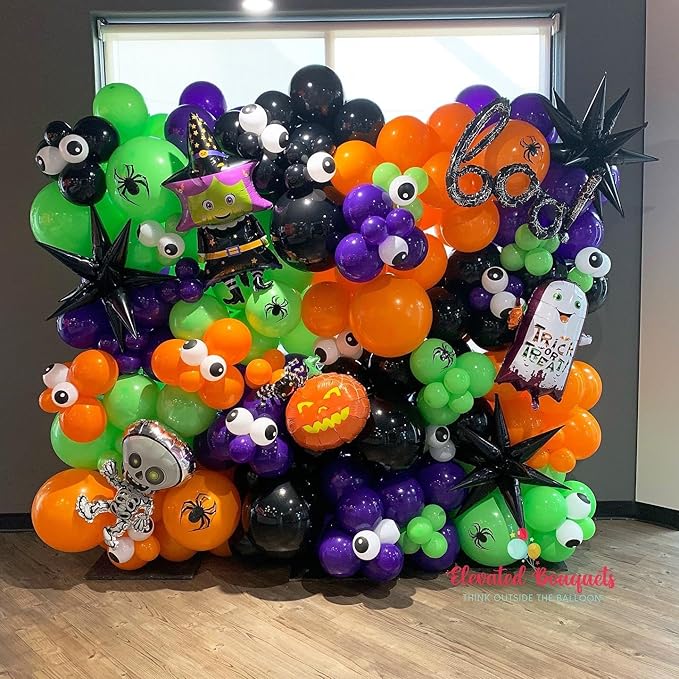 Halloween Balloon Arch Garland Kit, Purple and Black Balloons with 3D Bat Stickers, Big DIY Spider Balloon, Ghost Skull Foil Balloons Green Orange Balloon for Halloween Party Decorations Supplies