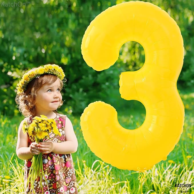 KatchOn, Big, Yellow 3 Balloon Number - 40 Inch | Yellow Three balloon for 3 Year Old Balloons | 3rd Birthday Decorations for Boys | 3 birthday Balloon, Honey Bee Party Decorations