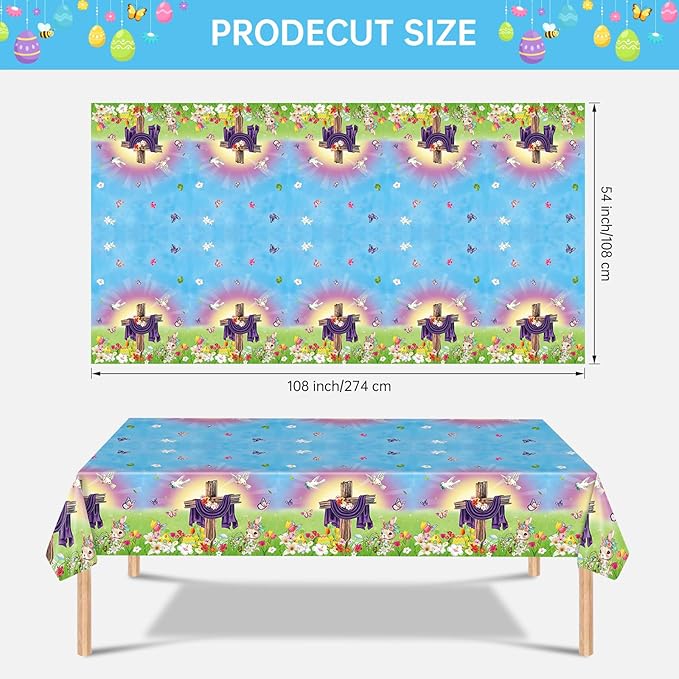 2 Pack Easter He is Risen Tablecloth - Spring Flower Christian Cross Table Cloth, Plastic Disposable Rectangle Religious Easter Bunny Eggs Table Cover for Tables Decorations and Party Decor,108x54Inch