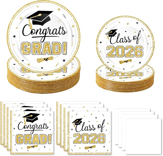 2026 Graduation Party Decorations Set - 200Pcs White Gold Class of 2026 Graduation Plates and Napkins Disposable Tableware for College High School Congrats Graduation Party Supplies, Serves 50