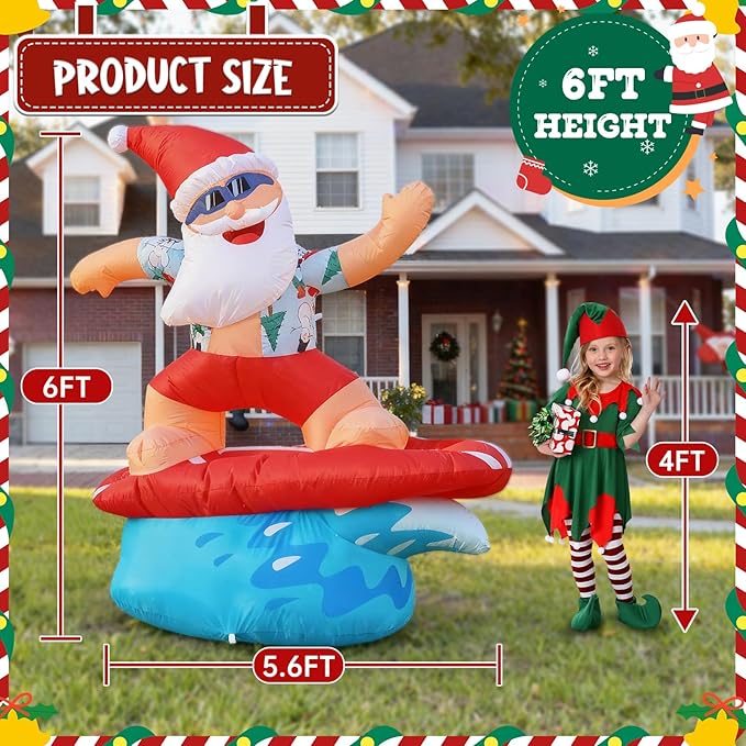 JOYHALO 6FT Surfing Santa Inflatable with Lights, Tropical Style Christmas Inflatables for Hawaiian Christmas Decorations,Christmas Blow Up for Yard Garden Lawn Holiday Party Decor