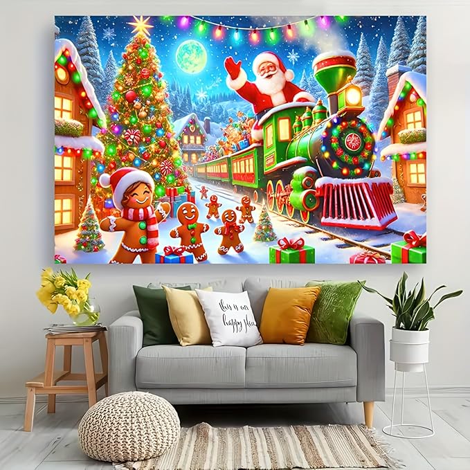 Santa Claus Train Backdrop 71x43 Inches Gingerbread Christmas Scene Banner Holiday Party Photo Background Indoor Outdoor Merry Christmas Wall Decoration for Photography