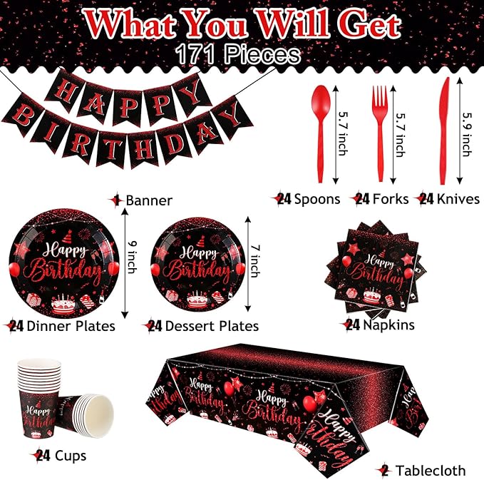 Vesici 171 Pcs Happy Birthday Party Supplies 24 Set Disposable Party Tableware include Plates Cups Napkins Cutlery and Banner Tablecloth Birthday Dinner Decorations for Men Woman(Black, Red)