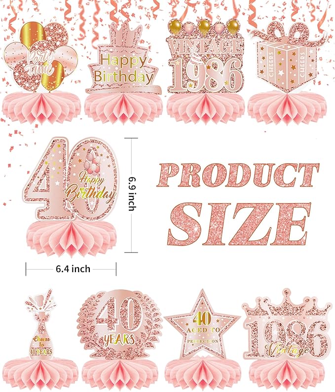9 Pcs 40th Birthday Decoration for Women Happy 40th Birthday Table Honeycomb Decorations Rose Gold Pink Centerpieces Tables Toppers1986 Decor Cheers to 40 Years Old Birthday Party Favors