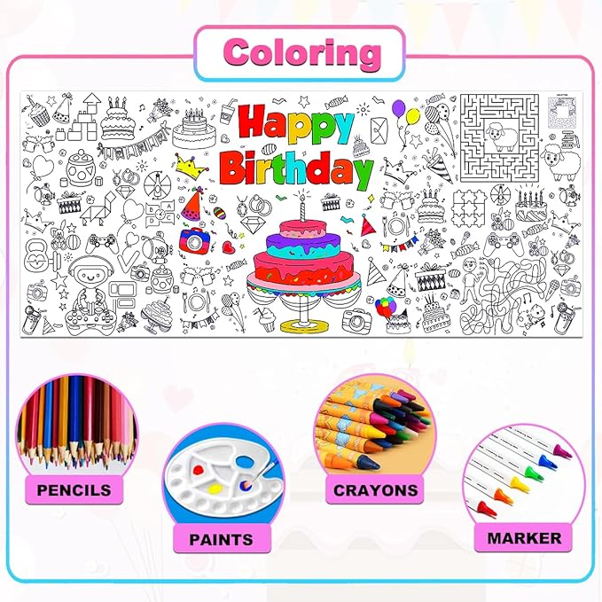 JUNQIU Happy Birthday Coloring Tablecloth, 72 * 31Inch Giant Coloring Poster for Kids, Color Paper Roll for Party Activities/Game/Birthday Party Games/Birthday Crafts for Kids