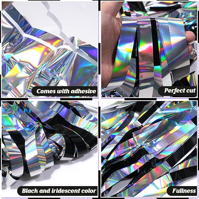 4 Pack 3.3Ft x 6.6Ft Race Car Checkered Foil Fringe Curtain Backdrop Decorations, Black Iridescent Metallic Tinsel Foil Streamers Curtain Photo Booth for Race Car One Happy Dude Birthday Party Decor
