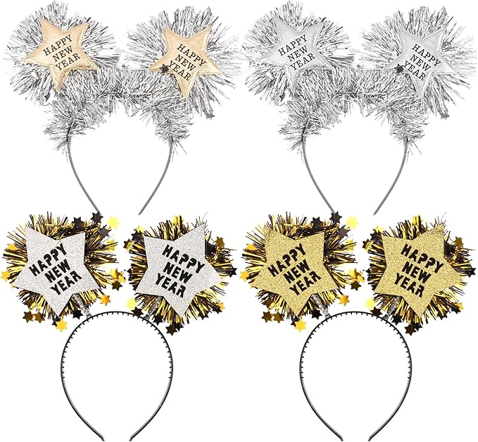 4PCS Happy New Year Headbands for Women, Silver and Gold Hair Hoop Headdress Hair Accessories for New Years Eve Party Supplies 2026
