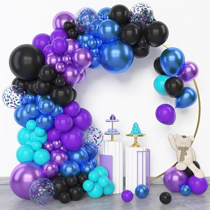 Amandir 153pcs Black Purple Blue Balloon Arch Garland Kit, Different Sizes 18 12 10 5 inch Confetti Teal Metallic Blue Purple Balloons for Video Outer Space Themed Shower Birthday Party Decorations