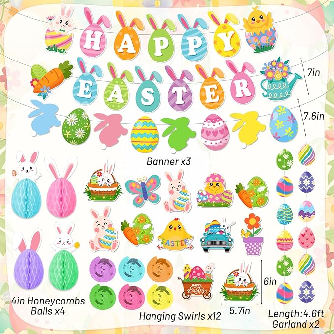 Easter Decorations for Home Easter Party Decorations Includes Happy Easter Banner Easter Garland Egg Bunny Easter Hanging Decorations Swirls Honeycomb Balls for Holiday Party Home Classroom Office
