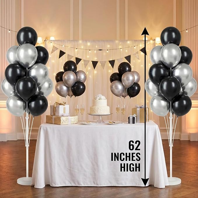 Balloon Column Kit for Floor-Balloon Columns with Stand, Base and Pole,Balloon Tower Backdrop Decoration for Wedding, Baby Shower, Birthday Party, or Bachelorette Parties (BLACK SILVER)