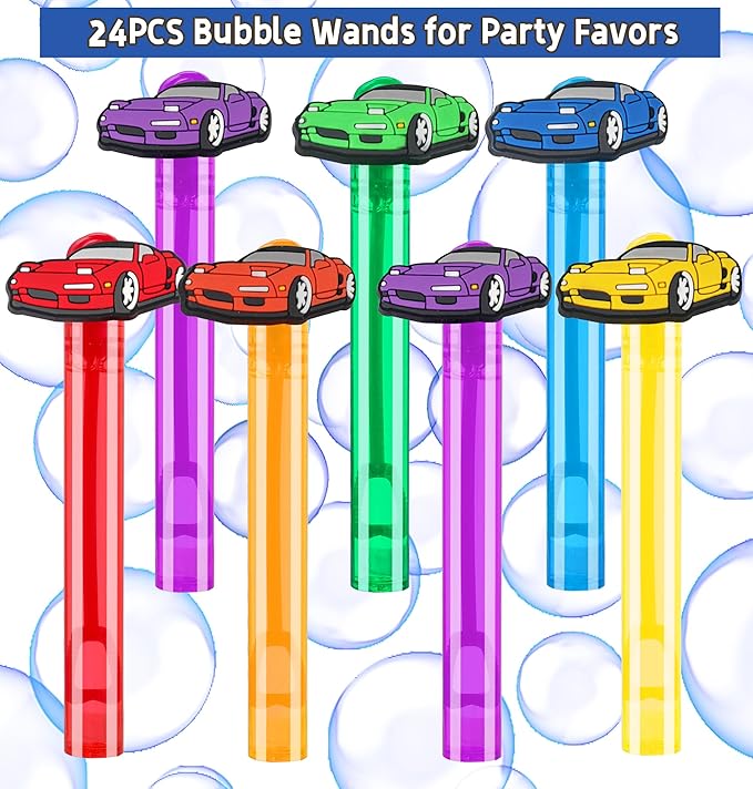 Race Car Party Favors 24Pcs Bubble Wands for Wheel-Themed Birthday Party Supplies, Kids Pinata Goodie Bag Stuffers & Classroom Prizes Gifts