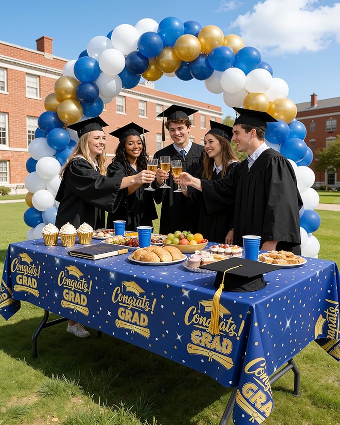 Graduation Blue Plastic Table Cloth - 4 Pack 54" × 108" Rectangle Disposable Tablecloths for 6FT Tables, Table Cover for Party, Holiday & Gathering Use