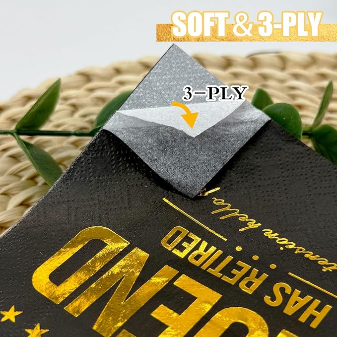 The Legend Has Retired Cocktail Napkins, 50 Pack 3-Ply Retirement Party Decorations Supplies, Black & Gold Disposable Napkins for Farewell,Coworker Goodbye & Going Away Celebration (5"x5")
