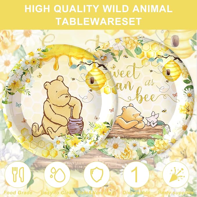 120PCS Classic Winnie Bear Party Supplies for Girls Baby Shower Kids Spring Sweet as Can Bee Neutral Themed Decorations Plates Napkin Cups Tableware Set for 20 Guests