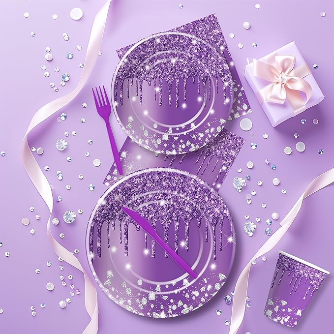 Purple Plates and Napkins Party Supplies - Decorations Tableware, Paper Plate, Napkin, Cup, Disposable Cutlery, Glitter Bridal Shower Birthday Table Decorations | Serve 24