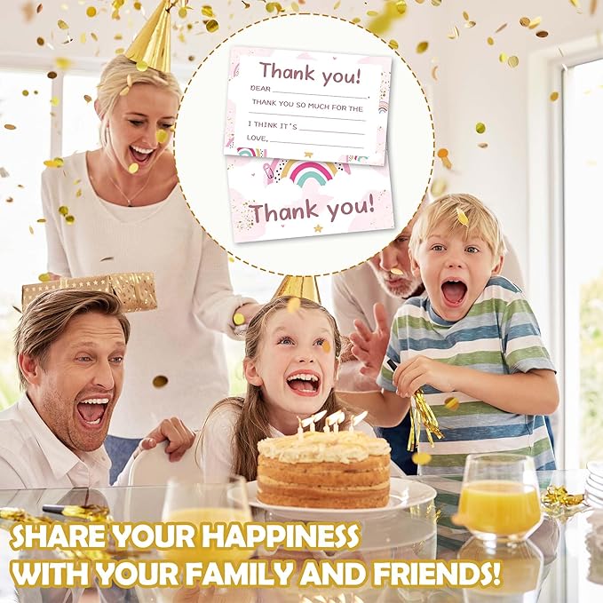 Kids Thank You Cards Fill in the Blank, Boho Rainbow Thank You Notes For Boys Girls, Pink Rainbow Greeting Card, Birthday Party Decorations Favors (20 Cards With 20 Envelopes) -28