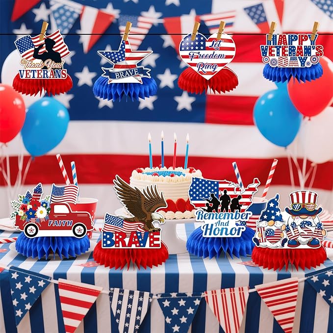 JULMELON 8PCS Veterans Day Table Decorations, Honeycomb Centerpieces, 3D Double Sided Happy Veterans Day Centerpieces for Tables Patriotic Decor Thank You Veterans Theme Party Supplies
