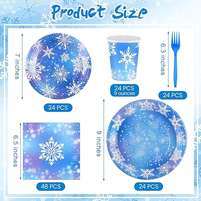 Kochorie 144 Pieces Frozen Party Supplies, Snowflake Tableware Sets Including Disposable Paper Plates Napkins Cups Forks Serves 24 for Winter Christmas Holiday Wonderland Birthday Party Decorations