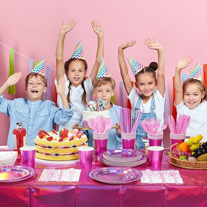 Iridescent Pink Party Supplies Decorations Serve 25, Hot Pink Holographic Paper Plates and Napkins Set, Disposable Pink Paper Plates Cups Knives Spoons Fork for Mermaid Disco Kpop Birthday Party Decor