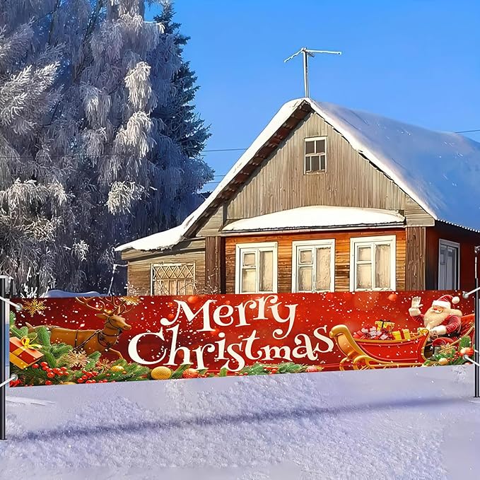 Merry Christmas Decorations Banner Polyester Fabric Santa Sleigh Reindeer Holiday Design Outdoor Porch sign for Indoor Outdoor Garden Fence Party 118x20 Inch Supplies Banners