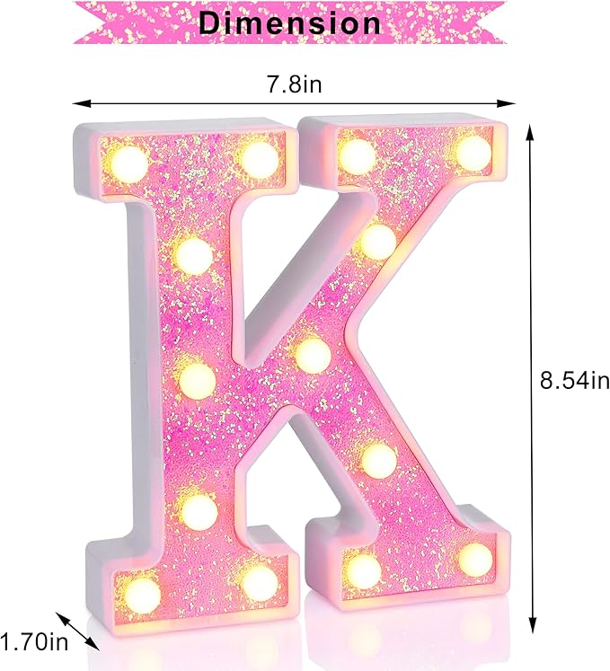Foaky LED Letter Lights Sign Light Up Pink Letters Glitter Alphabet Letter Sign for Night Light Wedding/Birthday Party Battery Powered Christmas Lamp Girls Gifts Home Bar Decoration（K）