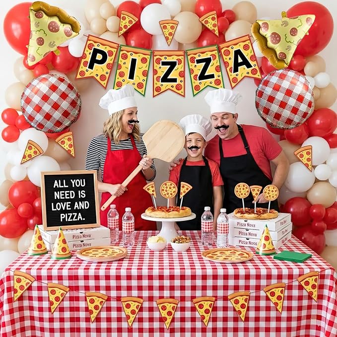 132PCS Pizza Party Balloon Arch Kit, Red White Sand White Latex & Gingham Checkered Foil Balloons with Pizza Foil Mylar for Italian Theme Birthday Baby Shower Christmas New Year Decorations
