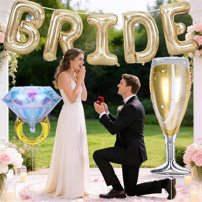 40inch Gold Bride Balloons Bachelorette, Bride To Be Bridal Shower Balloon Diamond Ring Champagne Glass Foil Balloons for Bachelorette Bridal Shower Engagement Wedding Hen Night Room Party Decorations