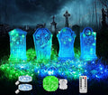 Maxee 4 Pcs 16.2" Halloween Tombstones Decoration with 1 Green Remote Lights(8 Light Modes), 2 Blue Lights(3 Modes), Plastic RIP Grave Yard Signs with 8 Stakes for Grave, Outdoor Garden, Party Decor