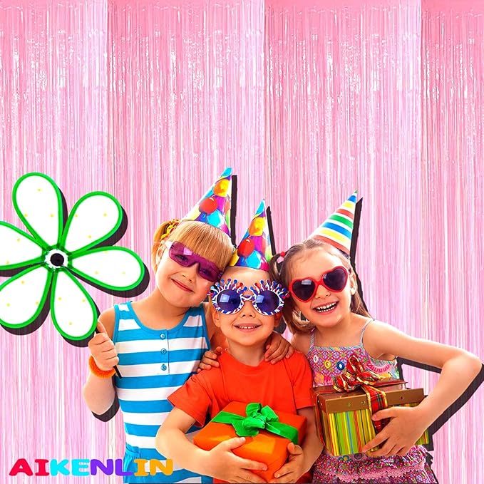 4 Pack 3.2Ft x 8.2Ft Pink Foil Fringe Curtain Backdrop, Metallic Tinsel Foil Fringe Streamers Curtains Background for Photo Booth, Birthday, Wedding, Disco, Bachelorette, Christmas Party Decoration