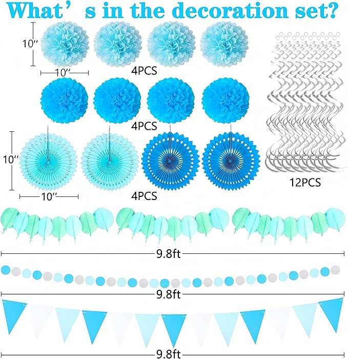 Moon Boat 35PCS Party Decorations Paper Fan Hanging Set - Birthday,Baby Shower,Wedding Decor (Blue)