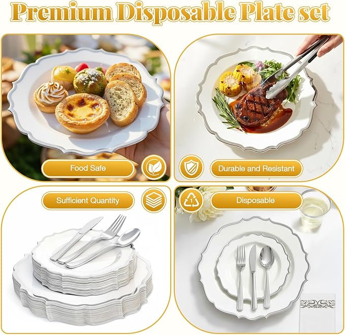 175 Plastic Dinnerware Set Silver Disposable Dinnerware Set for 25 Guests Include 50 Plastic Plates,25 Silverware Set,25 Cups and 25 Napkins for Easter Party Wedding Thanksgiving
