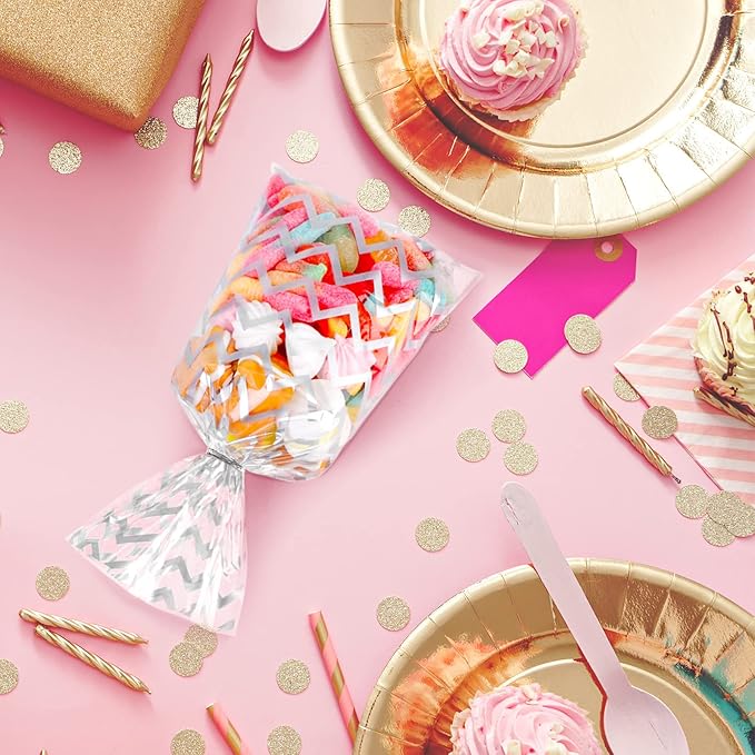 Aodaer 100 Pieces 10.6 x 5.1 In Silver Cellophane Bags Plastic Candy Gift Bags Cellophane Treat Bag with Twist Ties Stripes Polka Dot Printed Pattern Goodie Bag for Birthday Weddings Party Favors