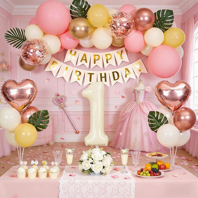 1st Birthday Decorations for Girl, Retro Sand White and Cream Balloon Garland Kit, Cream Number 1 Balloon, Pink Happy One Banner & Streamers, 1 Year Old Party Supplies