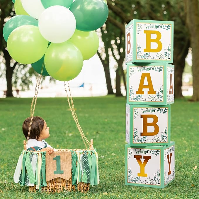 Sage Green Baby Boxes with Letters for Baby Shower, 4pcs Safari Baby Shower Decorations for Boys and Girl Balloon Boxes Gender Reveal Party Favors