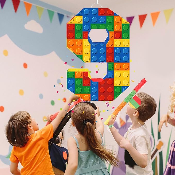 Number 9 Pinata Building Blocks 9th Birthday Party Decorations with Pinata Stick Blindfold for Kids Happy Birthday Building Block Theme Party Supplies for Boys Girls (16 x 10.6 x 3 In)