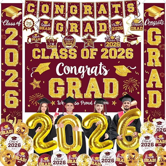 Graduation Decorations Class of 2026 - Maroon and Gold Graduation Party Supplies Include Backdrop, Banner, Hanging Swirls, Porch Sign, Balloons for Congrats Grad Decorations