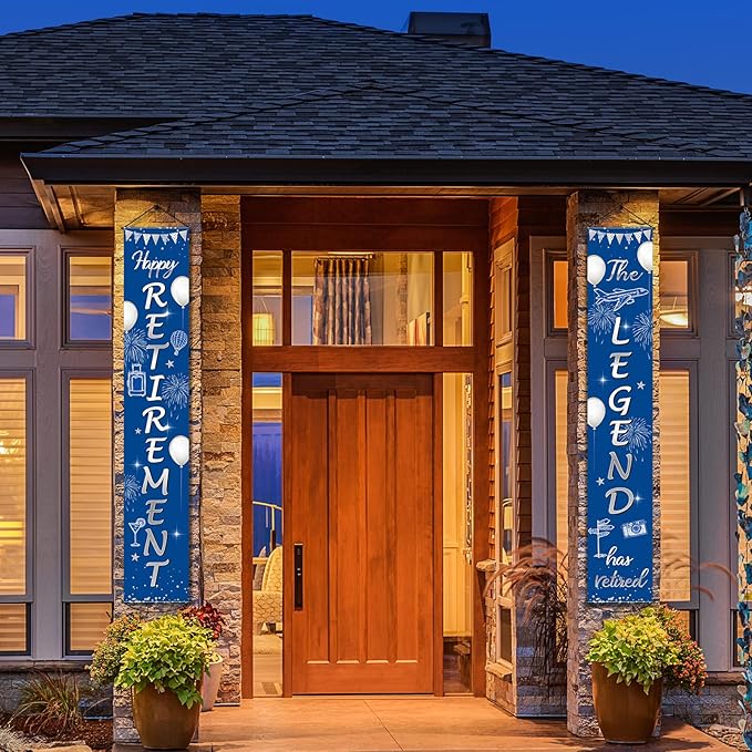 Boao Retirement Porch Sign Door Hanging Banner, Retirement Banner the Legend Fabric Door Sign Background for Retire Party Decoration Supplies, 71 x 12 Inches(Blue and Silver)