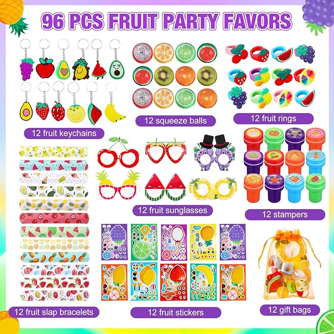 Blosssound 96 Pcs Fruit Party Favors Summer Theme Birthday Gifts Set Make a Fruit Sticker Stress Ball Slap Bracelet Glass Ring Keychain Stamper Gift Bag Piñata Fillers Classroom Prizes