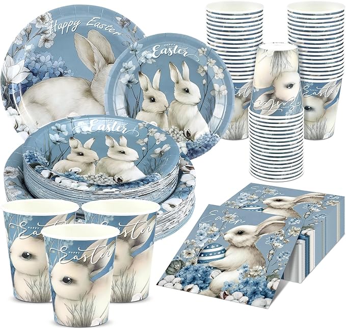 200 Pcs Easter Party Supplies Easter Bunny Hydrangea Decorations Disposable Plates Cups Napkins Set Rustic Farmhouse Tableware Serve 50 Guests Wildflowers Dinnerware for Spring Table Decor