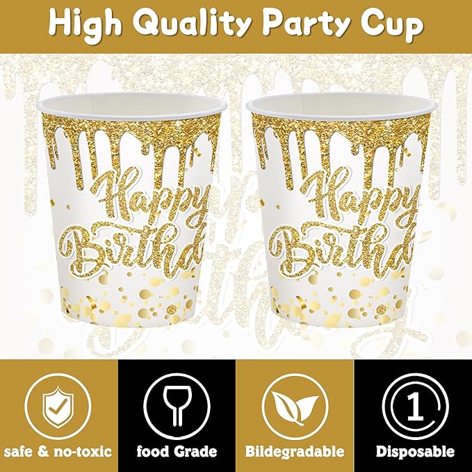 140Pcs Golden Happy Birthday Party Decorations White Gold Paper Plates Napkins Cups Tableware Set Women Men Birthday Themed Party Decor for 20 Guests